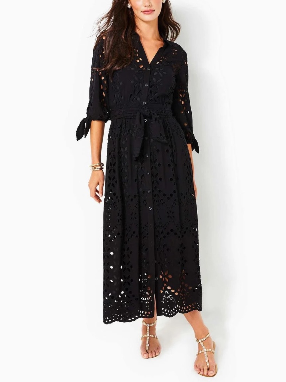 Lilly Pulitzer Amrita Eyelet Midi Dress Black Button Front Tie Waist size 4